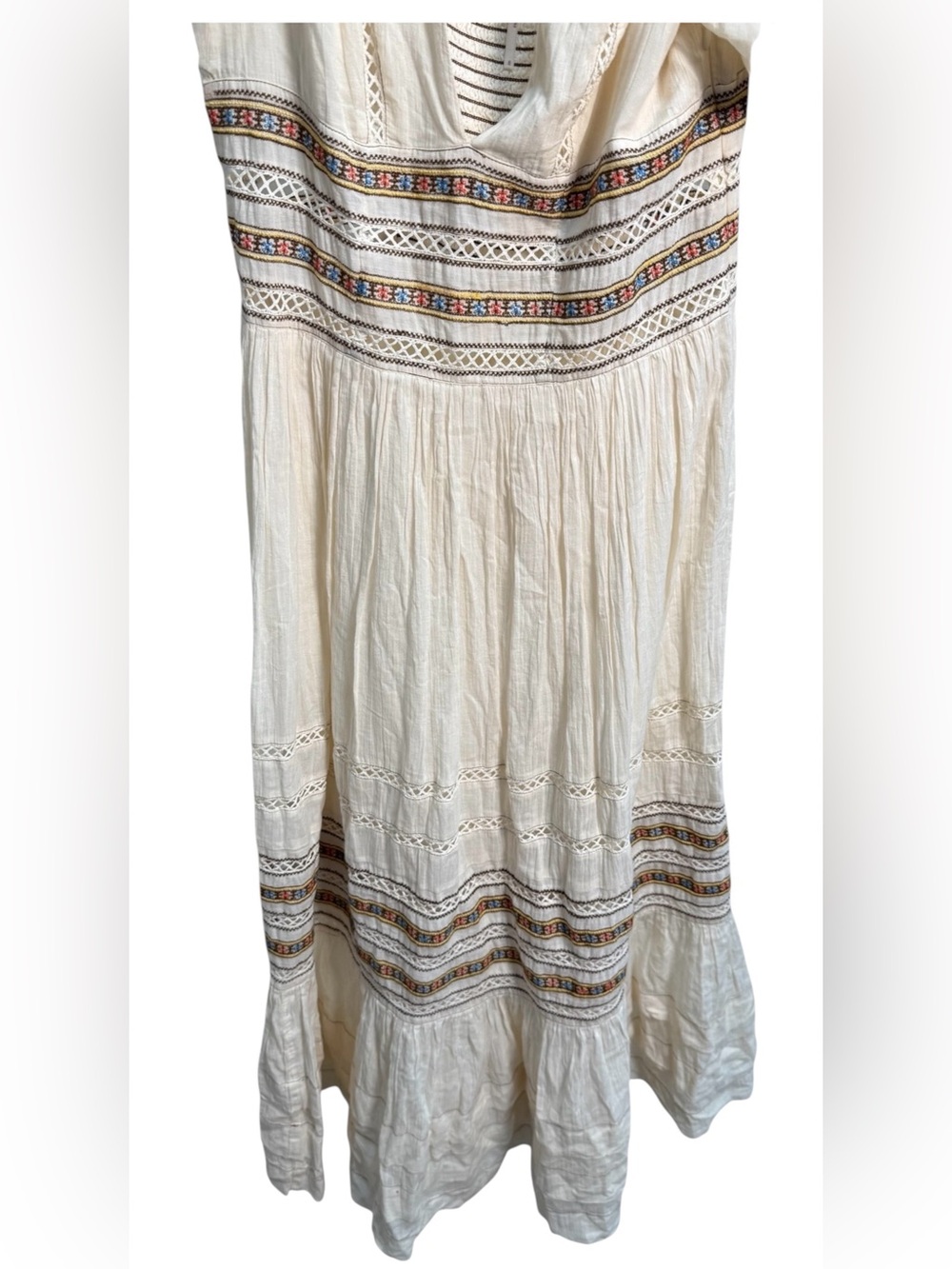 Free People Boho Embroidered Puff Sleeve Midi Dress Cream Women’s Size 6 - Picture 2 of 5